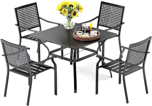 PHI VILLA 5-Piece Outdoor Meal Set for 4: Square Wrought Iron Table & Stackable Chairs, Heavy-Dut... | Amazon (US)