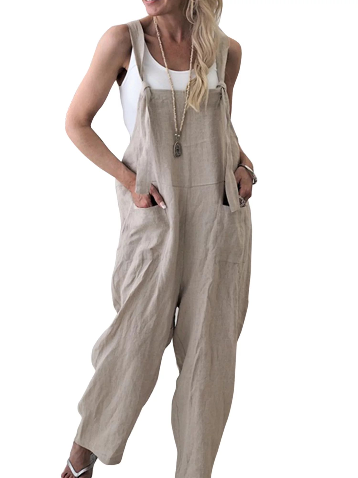 Linen Jumpsuits for Women Casual Loose Straps Overalls Baggy Wide Leg Harem Pants Rompers Dungare... | Walmart (US)