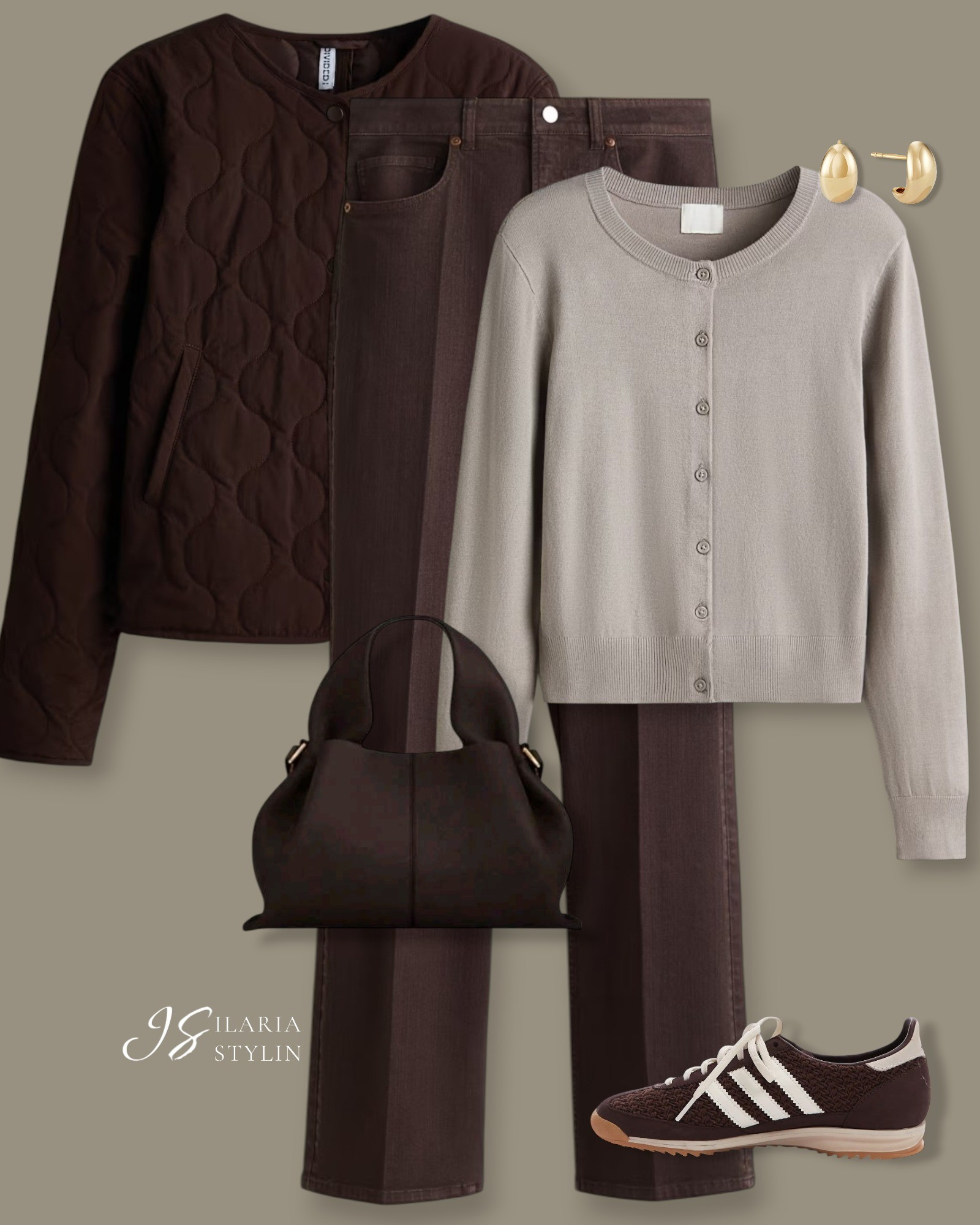 Chocolate-brown quilted jacket layered over a soft taupe cardigan, paired with deep brown straight-leg denim. Finished with gold hoops, a structured brown handbag, and retro sneakers for an effortless everyday look 🤎 

outfit ideas, brown jacket, quilted jacket, taupe cardigan, fine-knit ccardign, brown jeans, boocut jeans, brown sneakers, adidas sl 72, chocolate brown bag, handbag, crossbody bag, casual outfit, casual chic outfit

#LTKootd #LTKSeasonal #LTKWorkwear