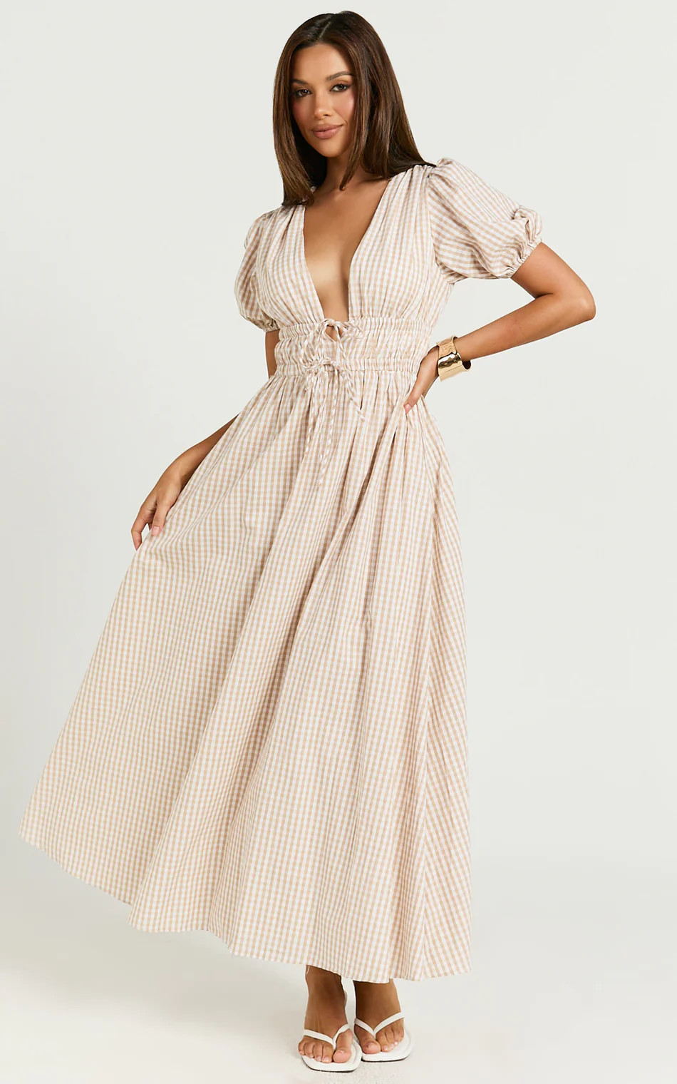 Matteo Midi Dress - Deep V Neck Puff Sleeve Dress in Light Gingham | Showpo (US, UK & Europe)