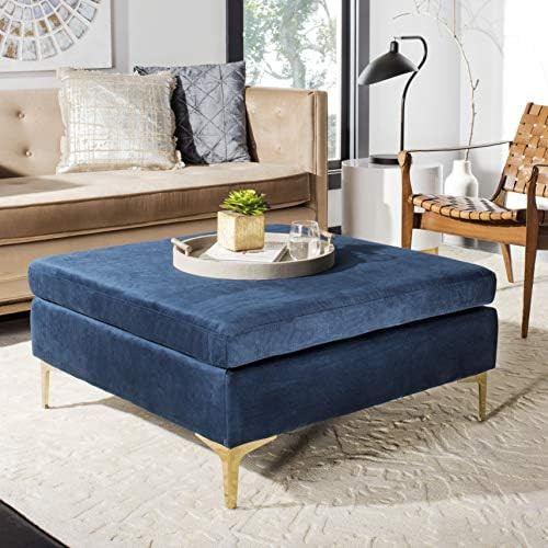 Safavieh Home Giovanna 36-inch Glam Navy Velvet and Brass Square Ottoman | Amazon (US)