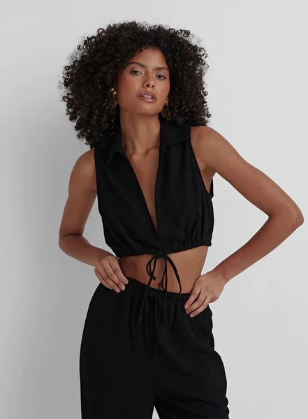 Black Collared Tie Front Crop Top- Jace | 4th & Reckless