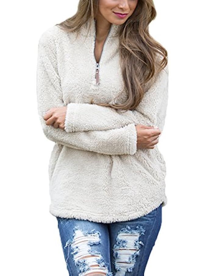Dongpai Women's Long Sleeve 1/4 Zip Pockets Sherpa Pullover Fleece Sweatshirt Warm Coat Outwear | Amazon (US)