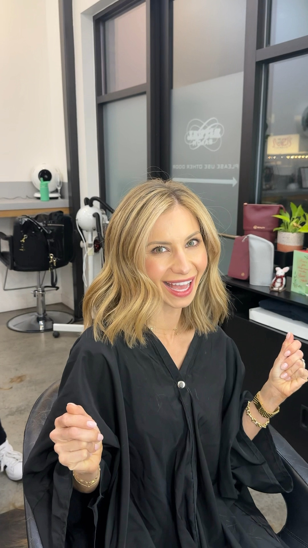 Come with me to the salon! ✂️✨ @beautylovegrace worked her magic and gave me the perfect long bob with interior texture. I always do balayage highlights and go for a light beige champagne blonde.  We added the Mirror Rinse Glass Hair Treatment from Oribe for that extra shine. She styled it using Featherbalm Weightless Styler, Royal Blowout Heat Styling Spray, and Après Beach Wave and Shine Spray—and I’m kinda loving the short hair life! What do you think… should I keep it this length? 

#LTKOver40 #LTKBeauty