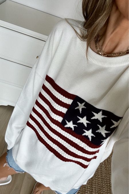 This American flag sweater 😍 so soft and so perfect. In a medium! Size 25 shorts  
4th of July sweater 



#LTKSeasonal #LTKFindsUnder50 #LTKStyleTip