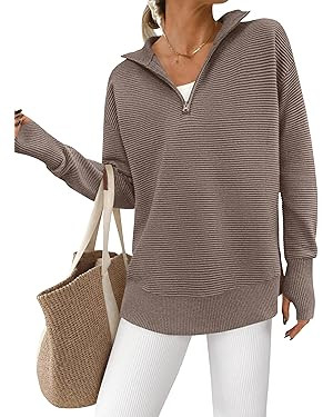 PRETTYGARDEN Womens Long Sleeve Quarter Zip Pullover Sweater Casual Loose V Neck Collared Ribbed ... | Amazon (US)