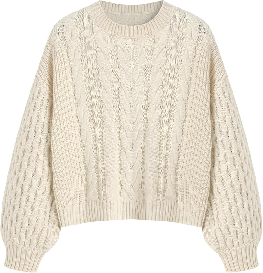 ZAFUL Women's Solid Knit Cable Sweater Casual Long Lantern Sleeve Pullover Crew Neck Knitted Tops | Amazon (US)