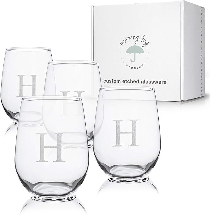 Morning Fog Studios Monogrammed Stemless Wine Glasses Set of 4, Barware Glassware with Sandblaste... | Amazon (US)