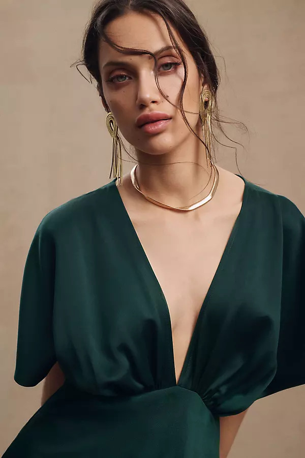 BHLDN Leila Deep-V Flutter-Sleeve Satin A-Line Gown By BHLDN in Green Size 6 | Anthropologie (US)