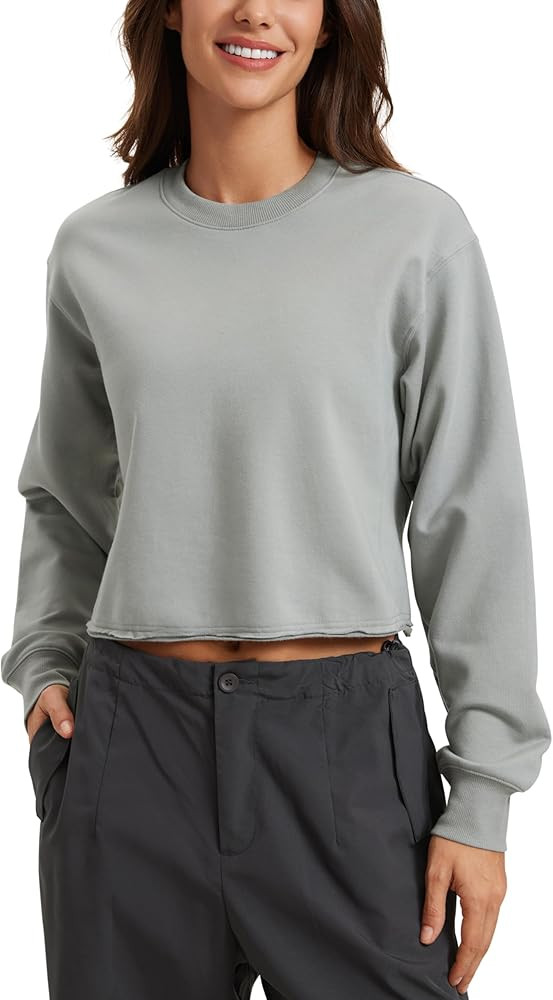 CRZ YOGA Womens Fleece Cropped Sweatshirts Crewneck Long Sleeve Double Raw Hem Workout Casual Pul... | Amazon (US)