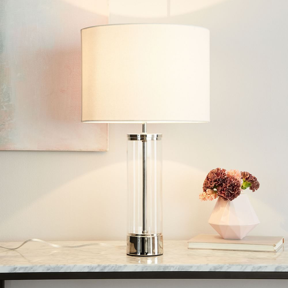 Acrylic Column Table Lamp + USB, Polished Nickel | West Elm (US)
