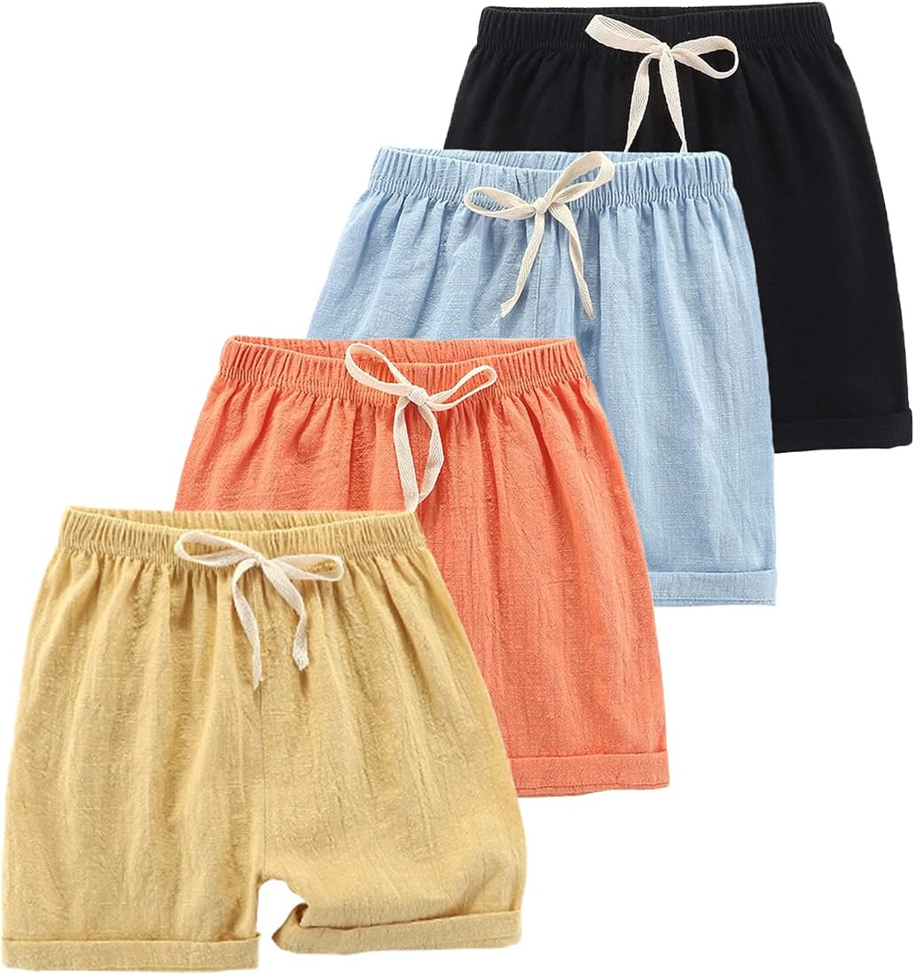 Toddler Boys Girls Shorts 4-Pack Cotton Linen Summer Casual Shorts Kids Solid Short Pants 2-8 Yea... | Amazon (US)