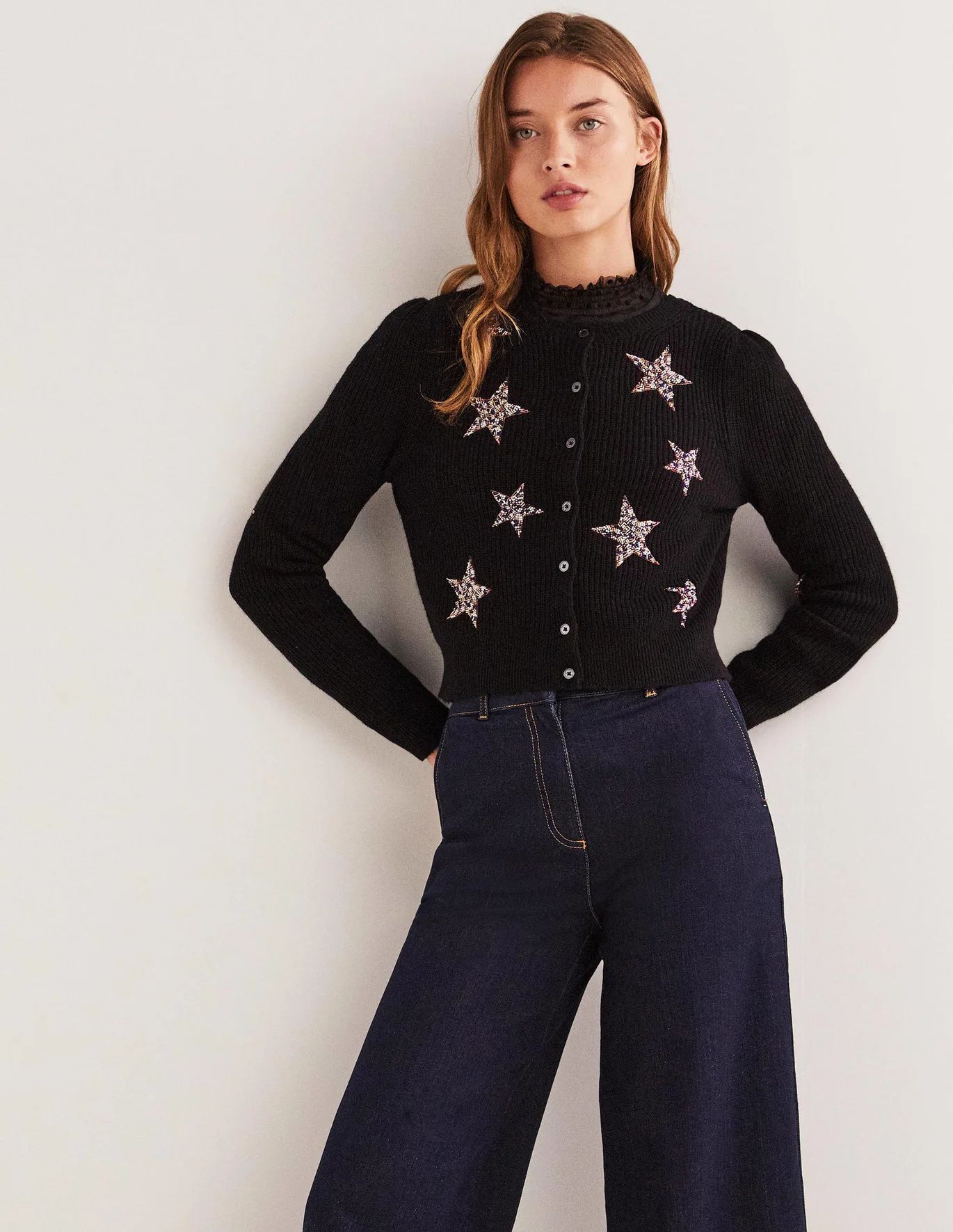 Black Star-Embellished Ribbed Cardigan | Boden (US)