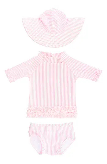 RuffleButts Seersucker Two-Piece Rashguard Swimsuit & Hat Set | Nordstrom | Nordstrom