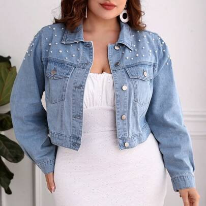 Plus Pearls Beaded Flap Pocket Denim Jacket | SHEIN