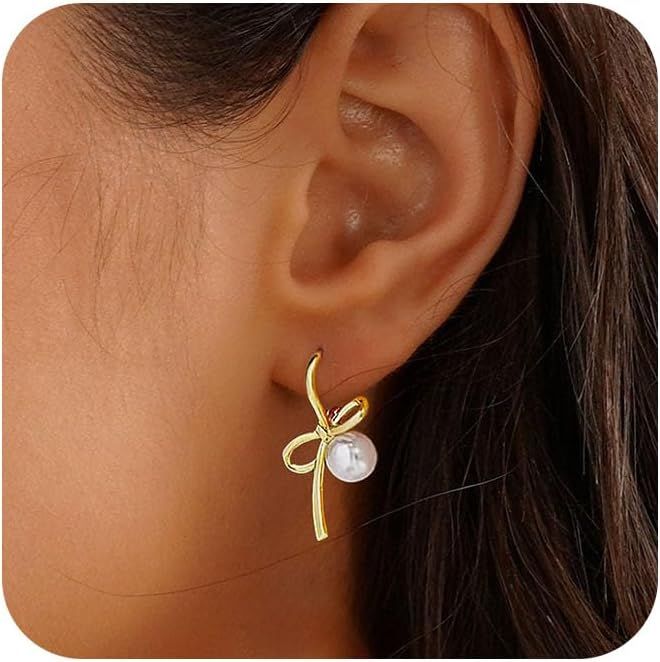 Dainty Gold Pearl Earrings for Women, Trendy 14k Gold Filled Freshwater CZ Leaf Bow Pearl Dangle ... | Amazon (US)