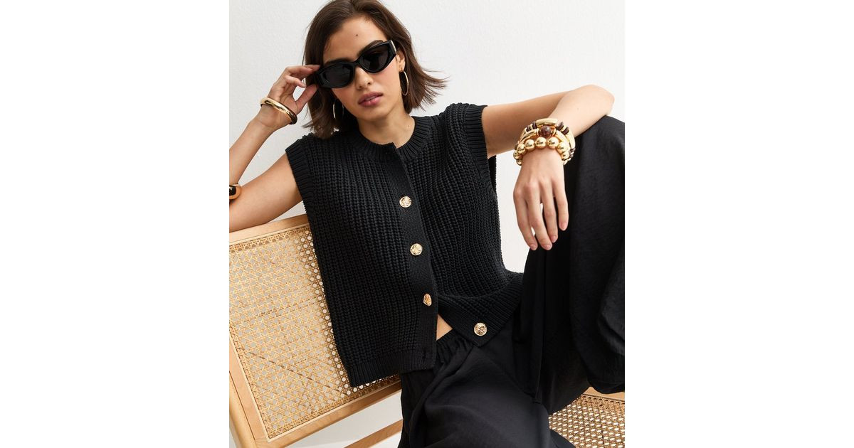 Black Hammered Button Cotton Rich Chunky Knit Waistcoat | New Look | New Look (UK)