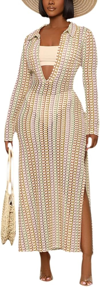 YouSexy Women's Sexy Swimsuit Maxi Dress Long Sleeve Hollow Out Long Beach Cover Up Dress | Amazon (US)