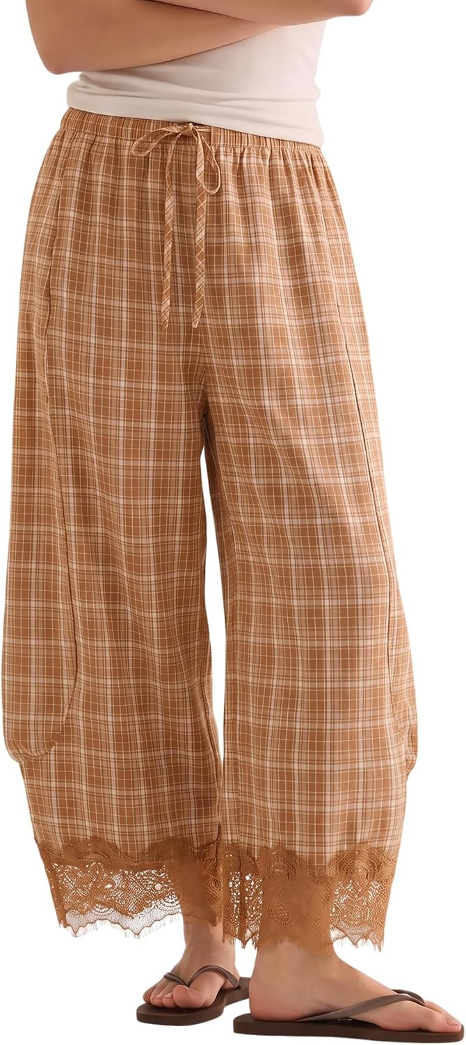 Women Gingham Cropped Lace Hem Pants High Waist Wide Leg Harem Pant | Amazon (US)