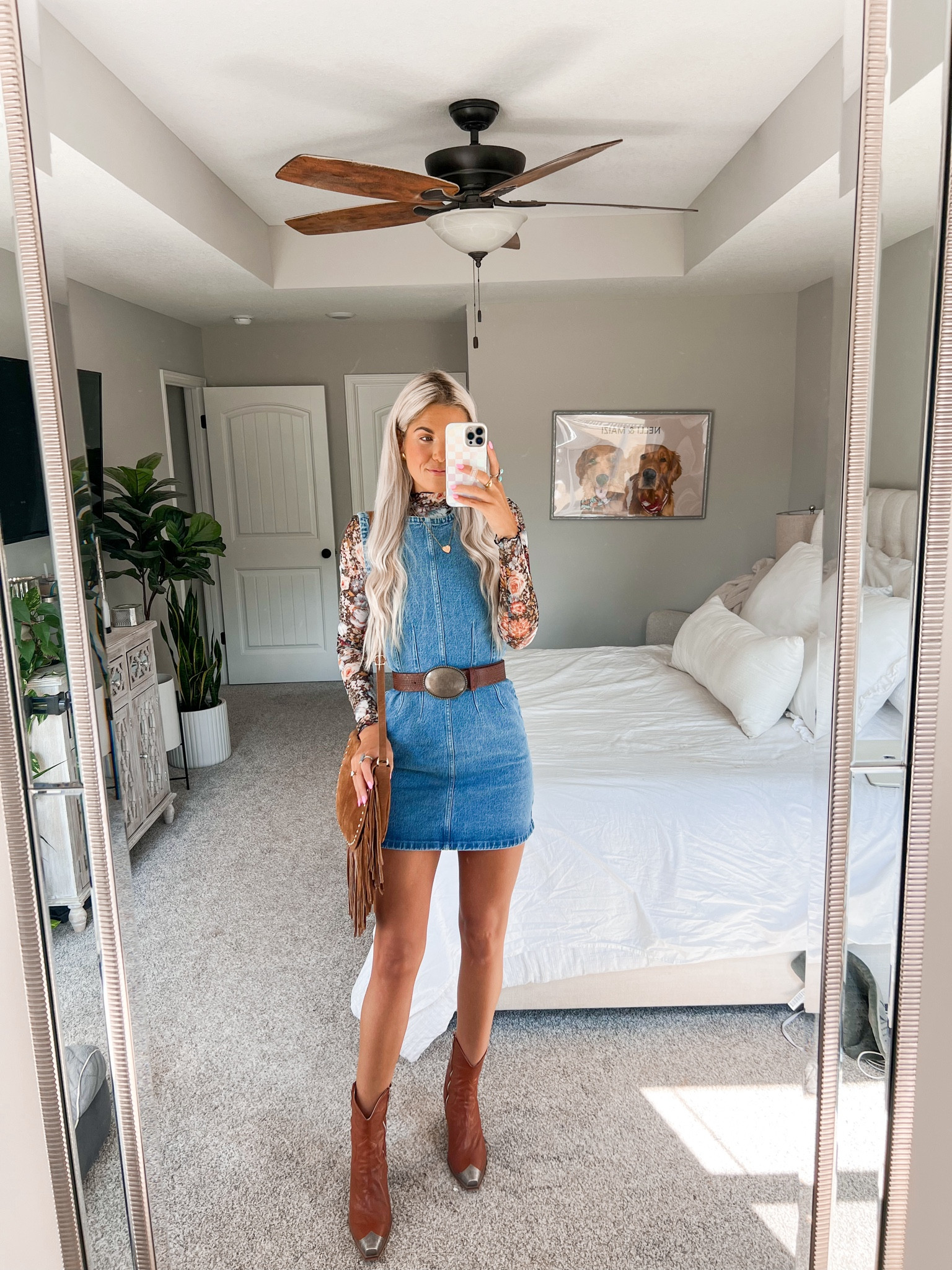 size XS regular in denim dress. size up in booties! western belt is in the color cognac 

#LTKshoecrush #LTKstyletip #LTKSeasonal