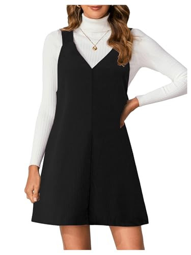 Milumia Women V Neck Corduroy Pinafore Overall Mini Dress Jumper Dress Black XX-Small | Amazon (US)