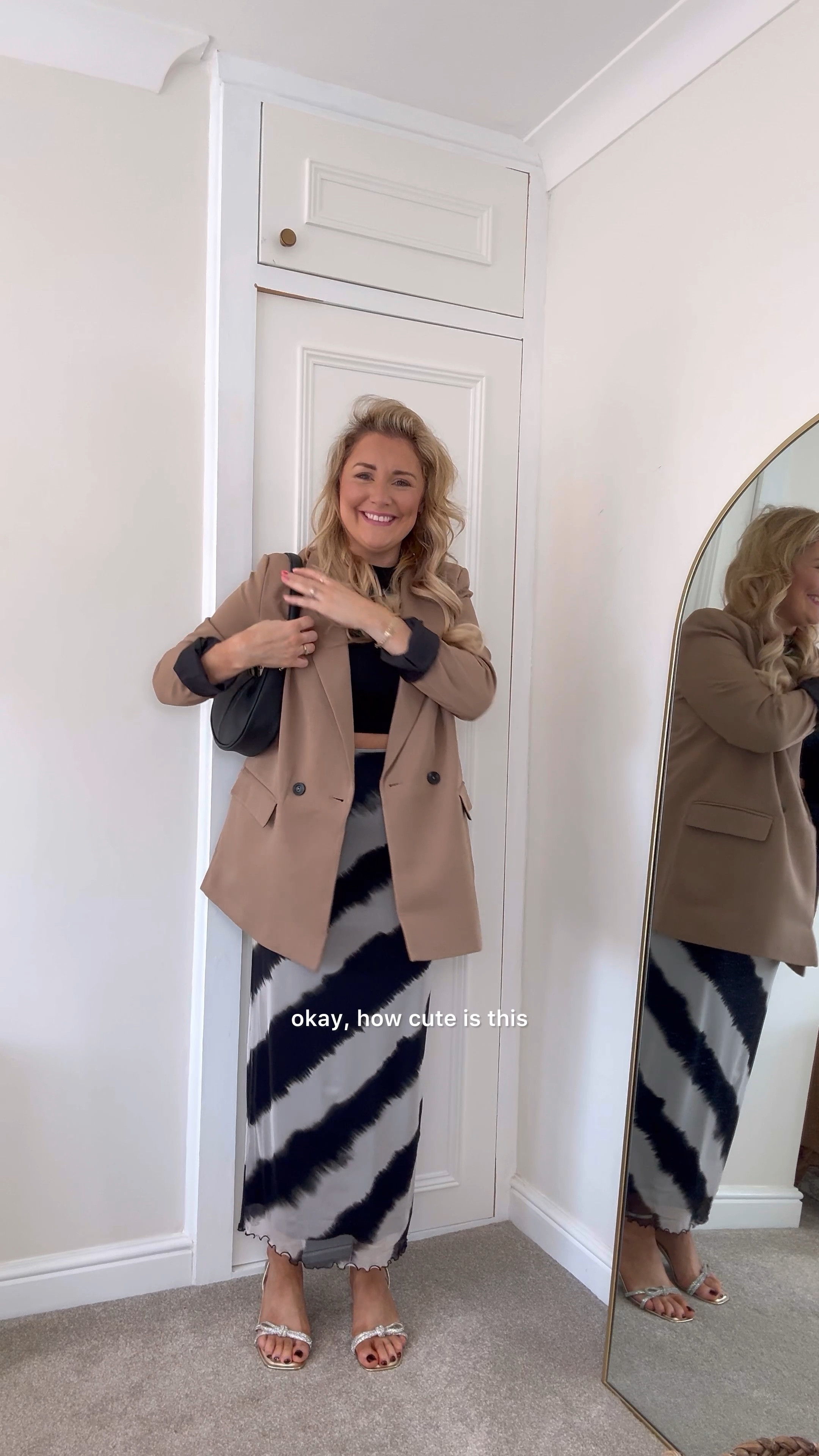 New look, Carrie elizabeth, transitional outfit, transitional style, maxi skirt, mesh skirt, cropped top, ruched top, oversized blazer, brown blazer, silver heels, embellished heels, shoulder bag, black bag, winter outfit ideas, date night outfit, style inspiration 

#LTKeurope #LTKstyletip #LTKSeasonal