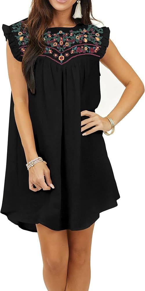 KIRUNDO 2023 Women's Summer Mini Dress Casual V Neck Floral Embroidered Ruffle Sleeveless Shift D... | Amazon (US)