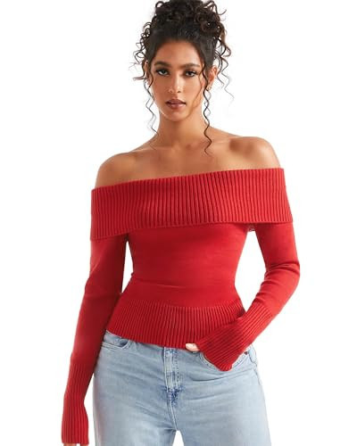 SUUKSESS Women Off Shoulder Sweater Long Sleeve Ribbed Knit Pullover Sweater Tops Going Out Fall Sweater (Wine Red, S) | Amazon (US)