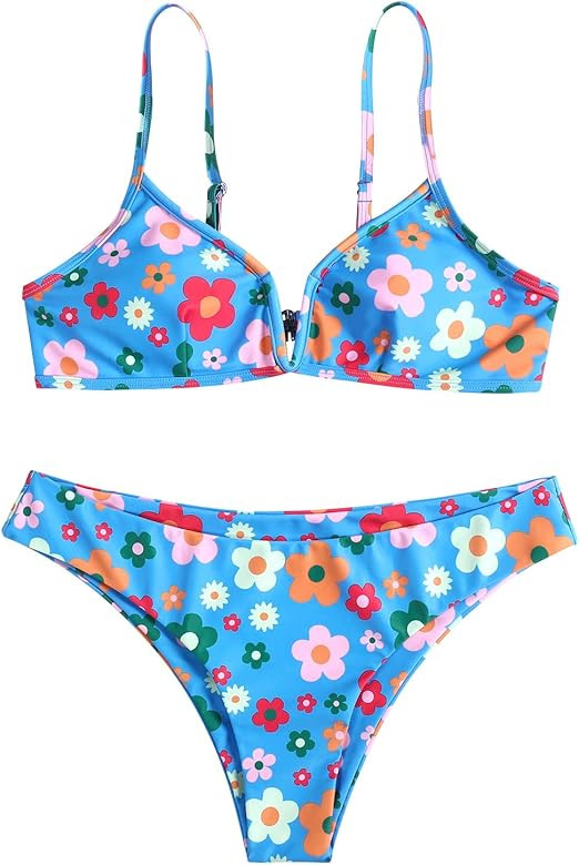 ZAFUL Women's V-Wire Padded Ribbed High Cut Cami Bikini Set Two Piece Swimsuit | Amazon (US)