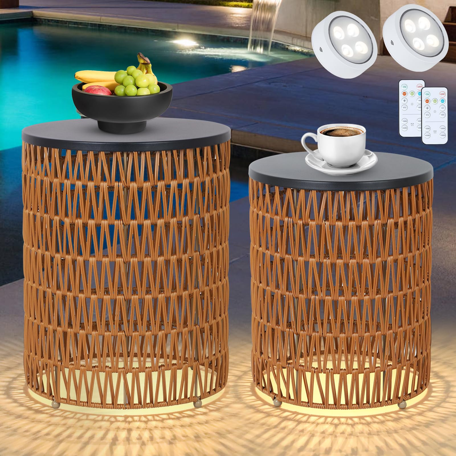 HMVPL Outdoor Side End Table with Dimmable Light Remote Control,2-Pack Small Round Patio Table wi... | Amazon (US)