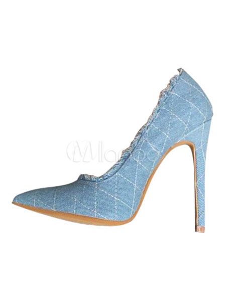 Women High Heels Denim Plus Size Pointed Toe Slip On Stiletto Blue Heels | Milanoo