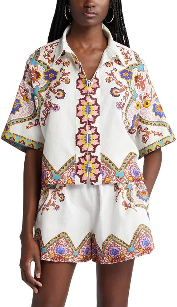 Women's Y2k Graffiti Print Pajama Set Boho Ric Rac Short Sleeve Button Top Drawstring Shorts Outf... | Amazon (US)