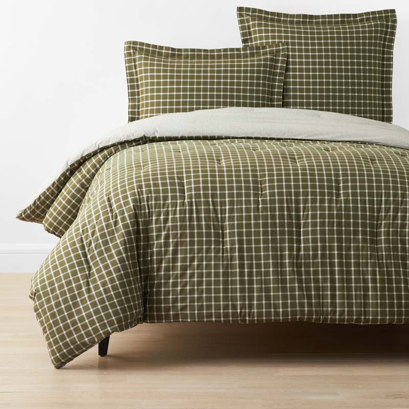 Classic Stripes and Plaids Cool Yarn-Dyed Cotton Percale Reversible Comforter - Windowpane Green,... | The Company Store