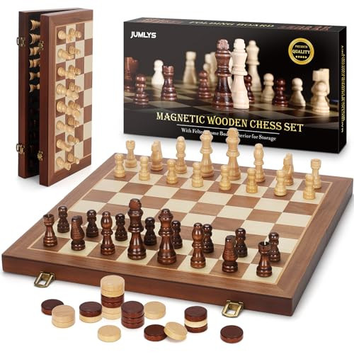 2 in 1 Magnetic Chess Set & Checkers Board Game, 15" Wooden Folding Chess Board with 2 Extra Queens, Portable Travel Chess Set with Pieces Storage Slots, Beginner Chess Board Game for Adults & Kids | Amazon (US)