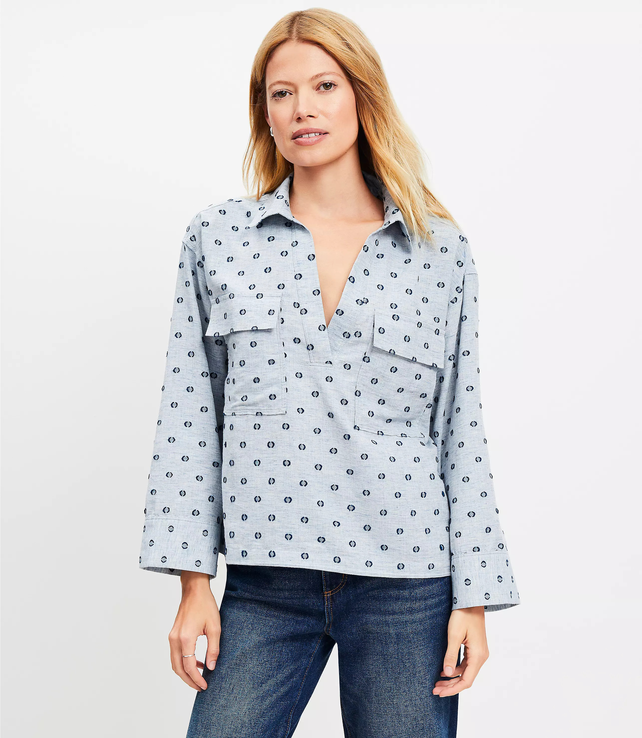 Metallic Clip V-Neck Pocket Popover | LOFT