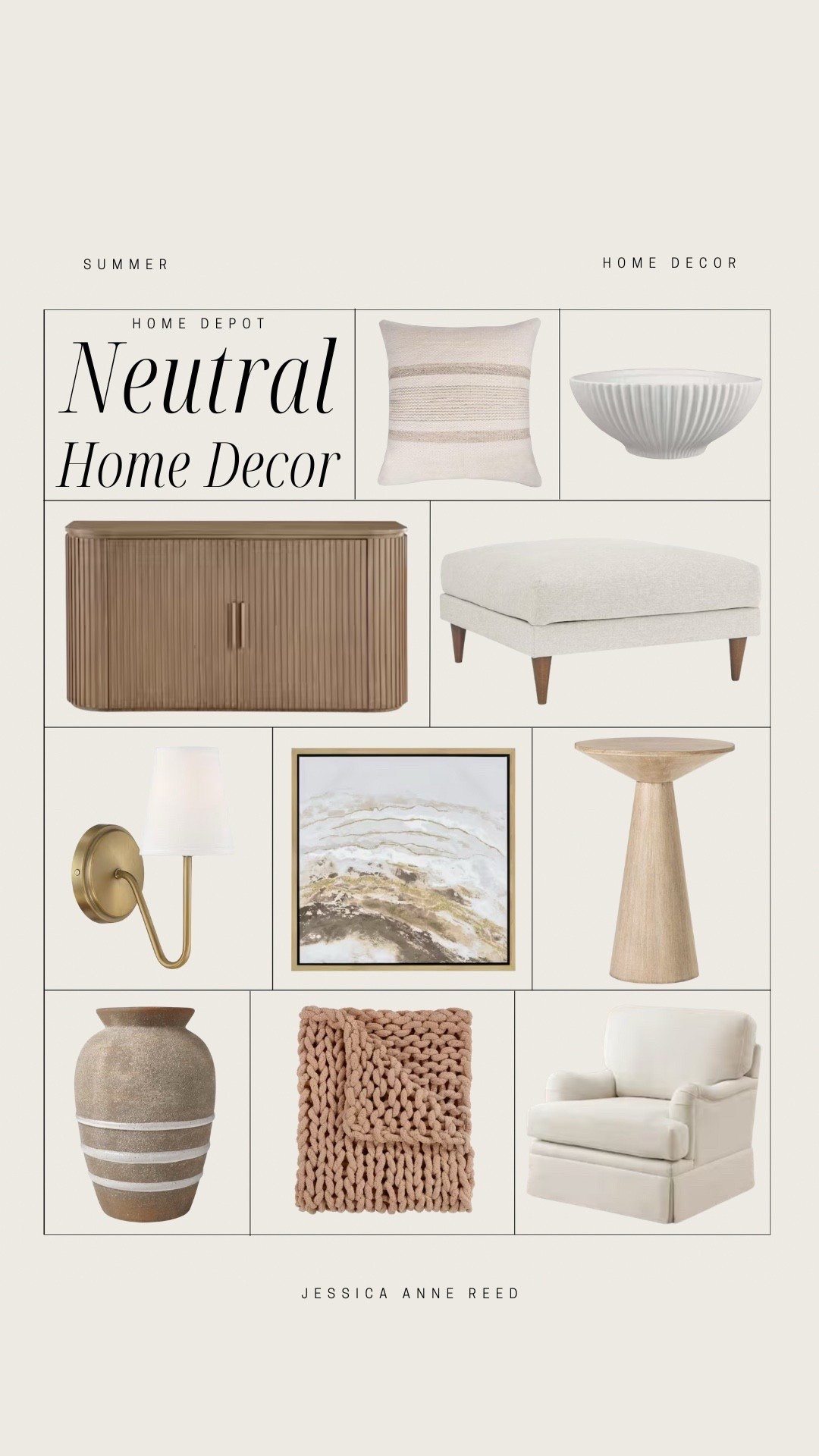 Neutral home decor finds from Home Depot include side table, decorative bowl, pillow, ottoman, buffet, wall sconce, wall art, accent chair, blanket, and vase.

Neutral decor, neutral home, home accents, home decor, looks for lesss#LTKStyleTip 



#LTKSaleAlert #LTKFindsUnder50 #LTKHome