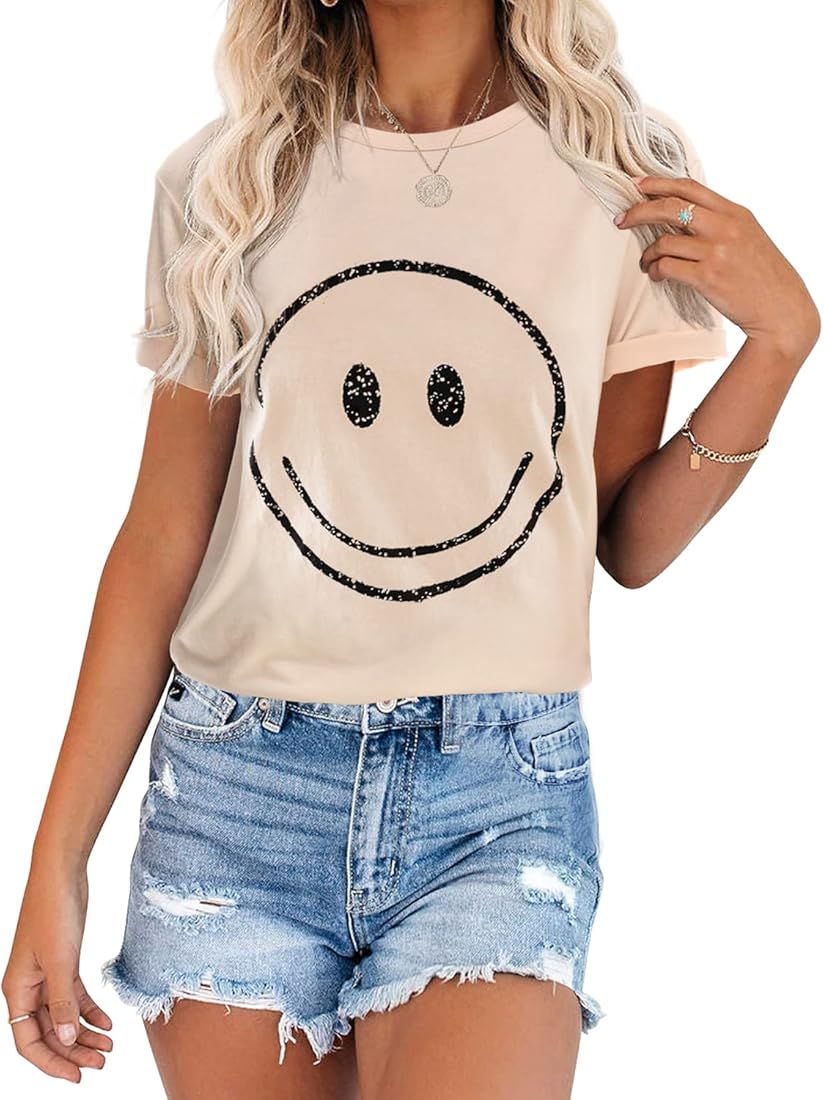 ReachMe Womens Summer Cute Smiley Face Graphic T-Shirts Trendy Vintage Casual Loose Short Sleeve ... | Amazon (US)