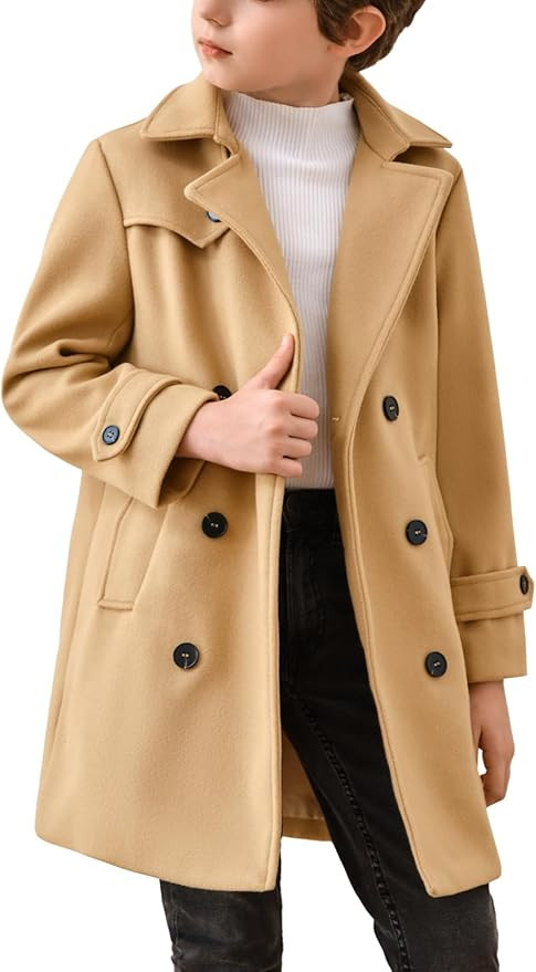 Haloumoning Boys Double Breasted Peacoat Notched Lapel Collar Wool Blend Long Coat with Pockets | Amazon (US)