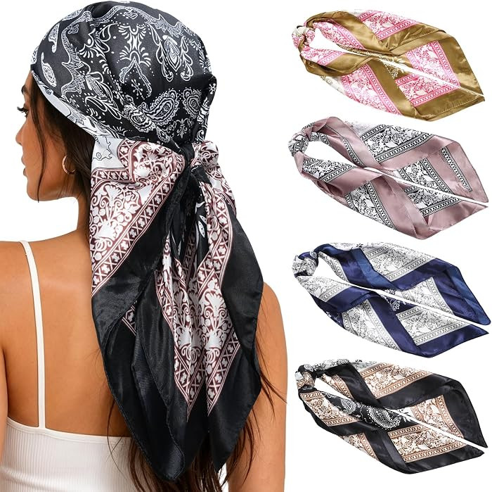 AWAYTR Satin Large Square Head Scarves - 4PCS Silk Like Hair Sleeping Wraps Lightweight Neck Scarfs for Women (Cashew-stitching pattern) | Amazon (US)