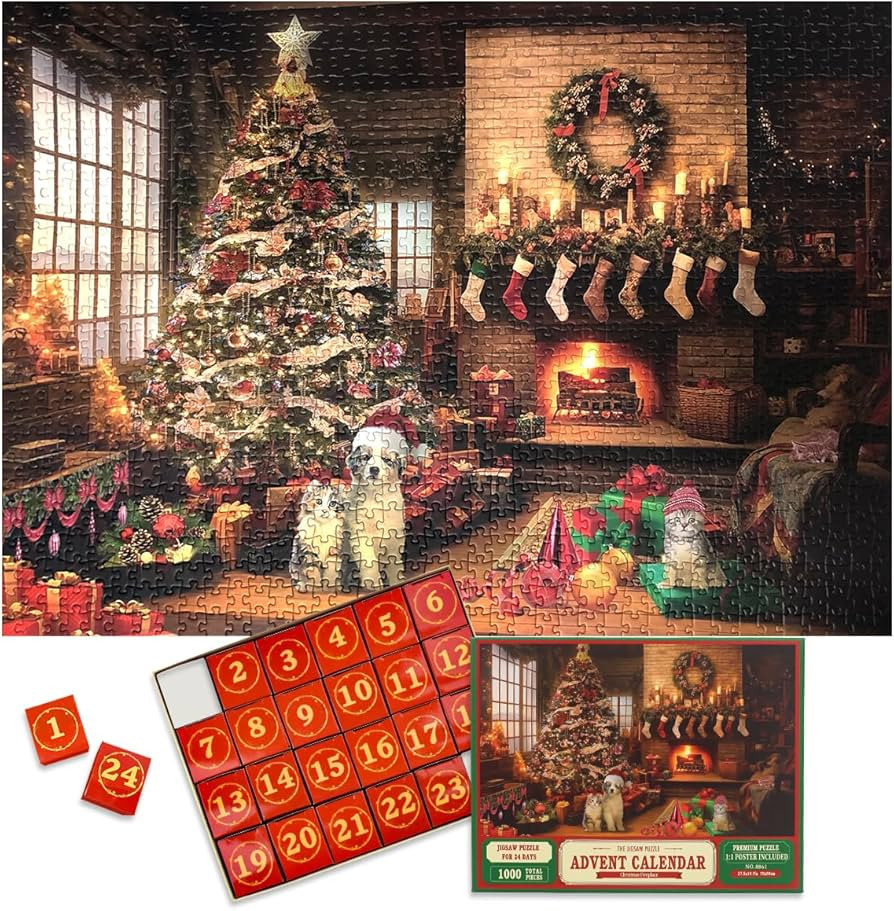 Christmas Advent Calendar 2025 Jigsaw with 1:1 Reference Poster - 1000pcs Holiday Fireplace Puzzl... | Amazon (US)