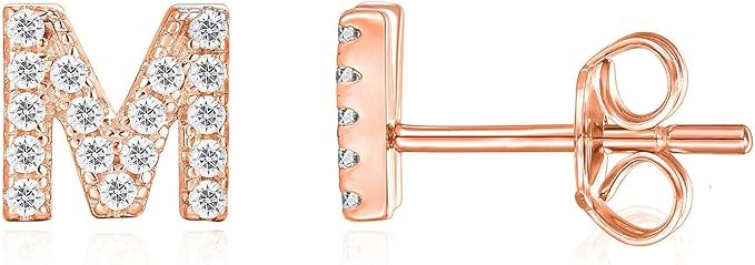 PAVOI 925 Sterling Silver, 14K Gold Plated, CZ Simulated Diamond Stud Earrings Fashion Alphabet L... | Amazon (US)
