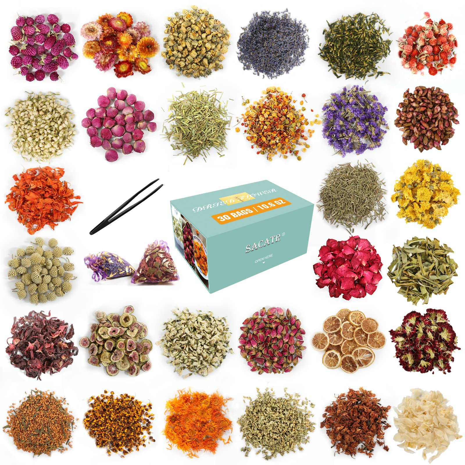 30 Bags Dried Flowers,100% Natural Dried Flowers Herbs Kit for Soap Making, DIY Candle Making,Bath - Include Rose Petals,Lavender,Don't Forget Me,Lilium,Jasmine,Rosebudsand More | Amazon (US)