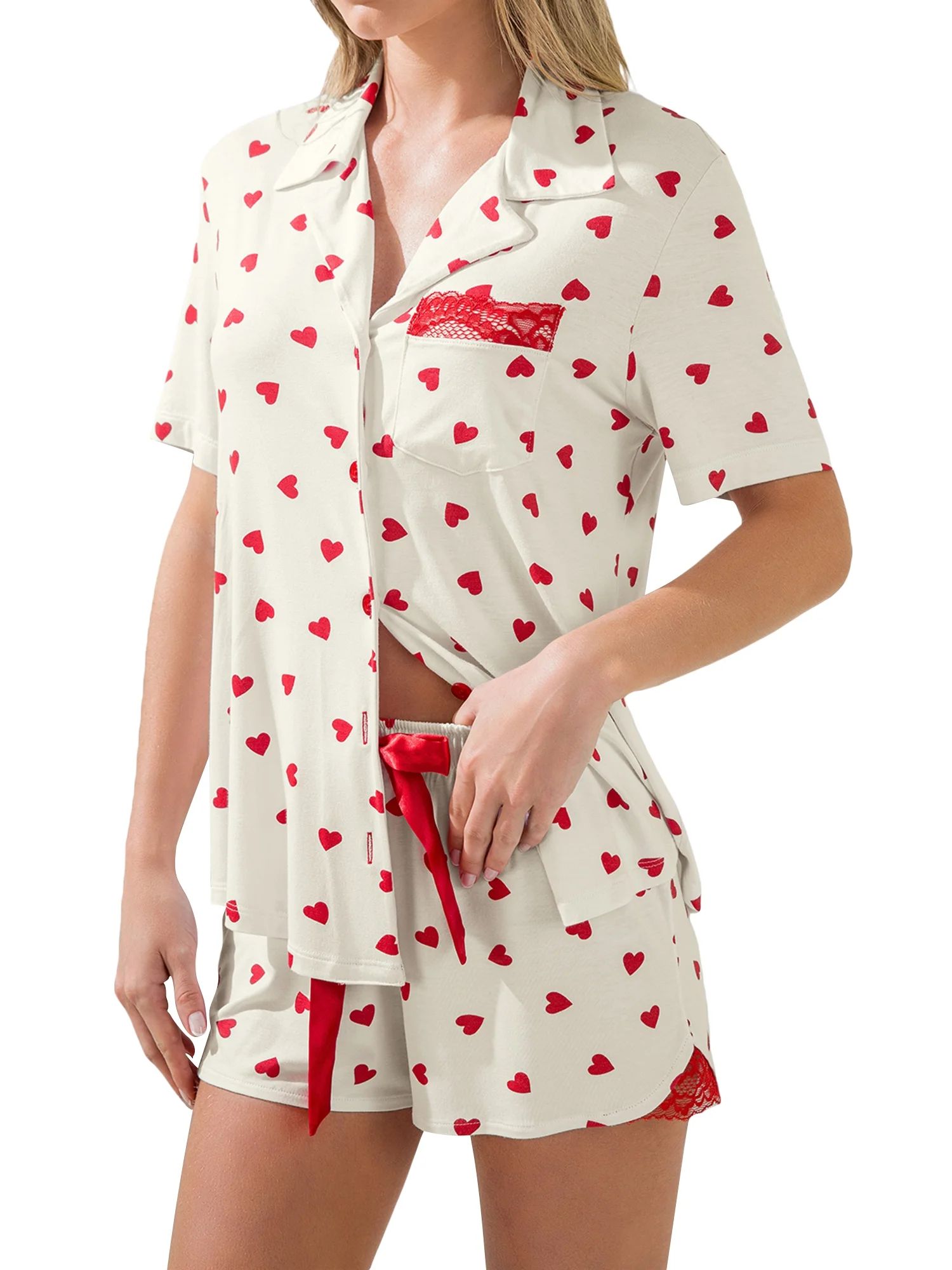 Kishawna Women Valentine's Day Pajama Set,Heart Print Short Sleeve Top Shorts Sleepwear Loungewea... | Walmart (US)