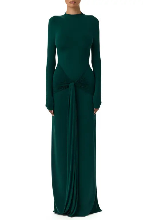 Naked Wardrobe Draped Tie Turtleneck Long Sleeve Maxi Dress in Emerald at Nordstrom, Size Small | Nordstrom