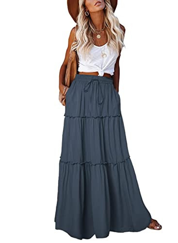 EARKOHA Womens Casual High Waist Tie Paisley Print Long Maxi Skirt with Pockets Gray Blue M | Amazon (US)