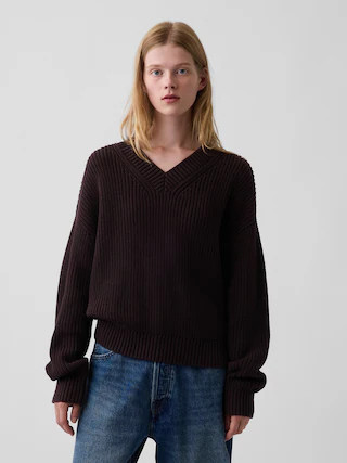 100% Cotton Oversized Shaker V-Neck Sweater | Gap (CA)