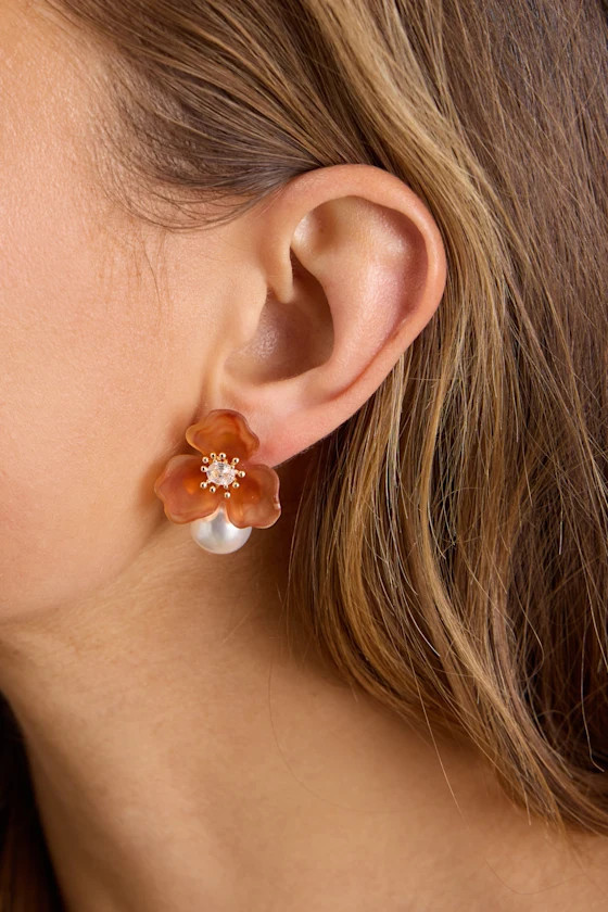 Brooke Burnt Orange Floral Pearl Earrings | Lulus