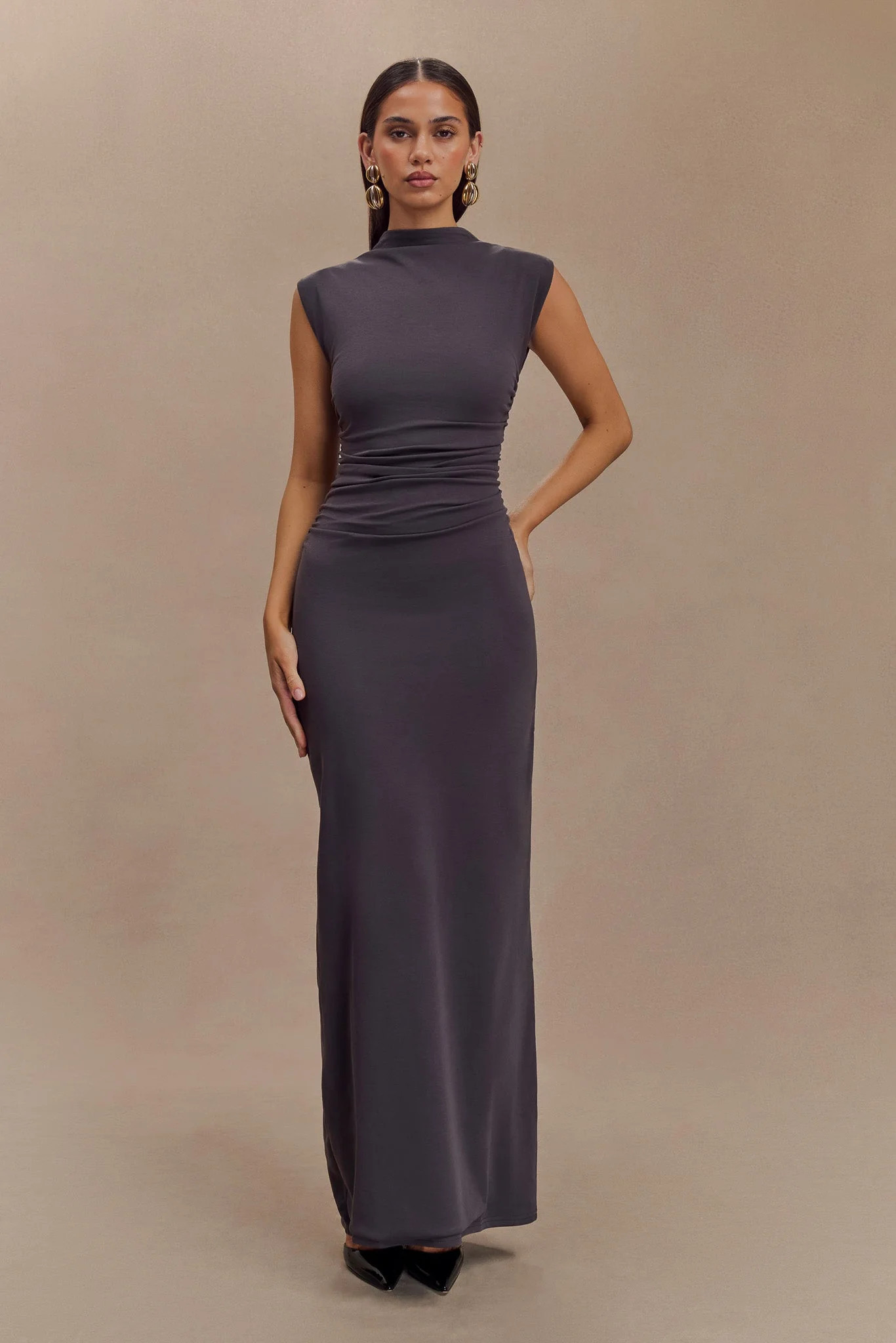 Elliot High Neck Sleeveless Maxi Dress - Dark Charcoal | MESHKI US