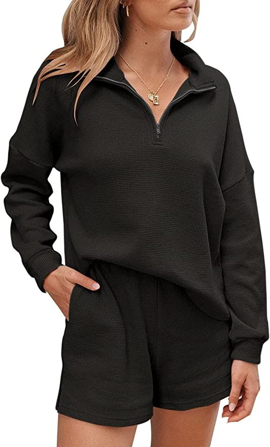 KIKIBERRY Womens Waffle Knit Lounge Set Half Zip Long Sleeve 2 Piece Pajamas Loungewear Matching ... | Amazon (US)