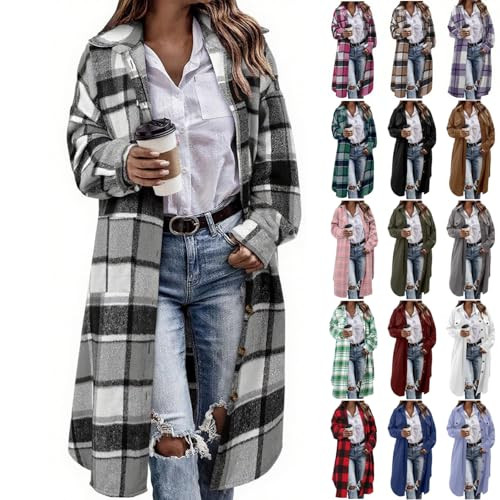 LIKEOULI Flannel Shirt Women Plaid Jacket Womens Shacket Casual Lapel Button Down Long Sleeve Trench Coat Warm Winter Jackets | Amazon (US)